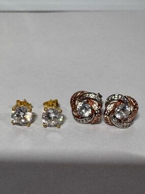 Classic CZ Stud Earrings Sterling Silver over Gold Plate & S Silver Knot Duo